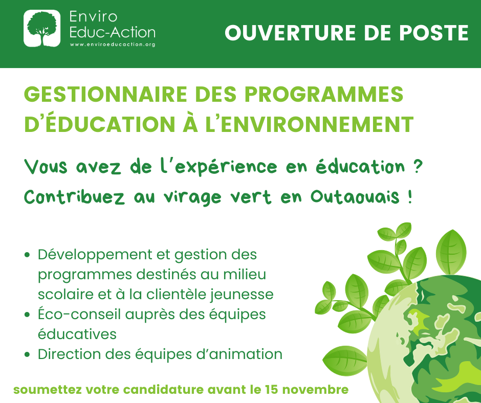 Ouverture de poste - Gestionnaire des programmes d'éducation à l'environnement